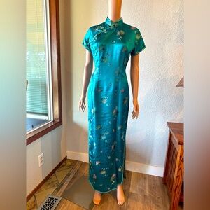 Authentic Teal Chinese Floral Maxi Dress